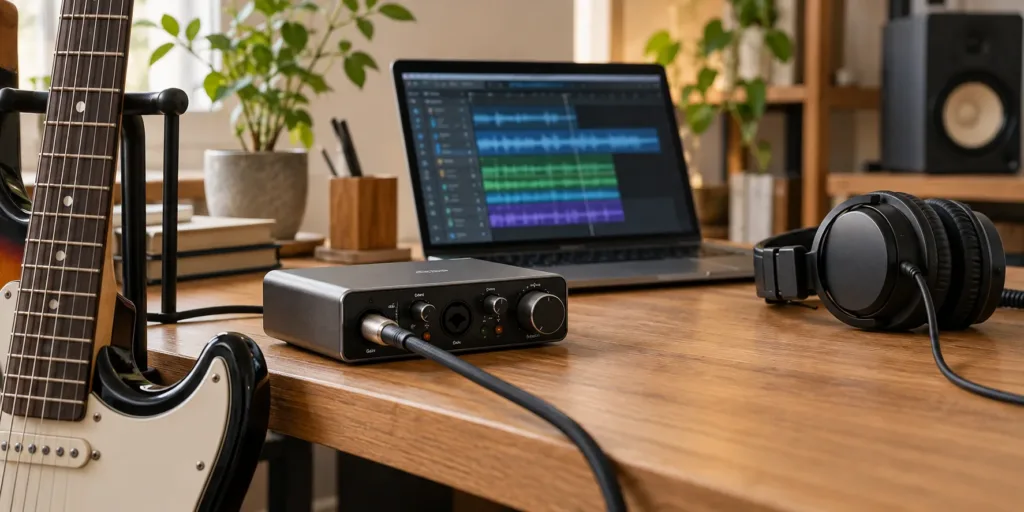 ギター、オーディオインターフェース、有線ヘッドホンを置いた自宅録音のデスク