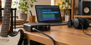 ギター、オーディオインターフェース、有線ヘッドホンを置いた自宅録音のデスク
