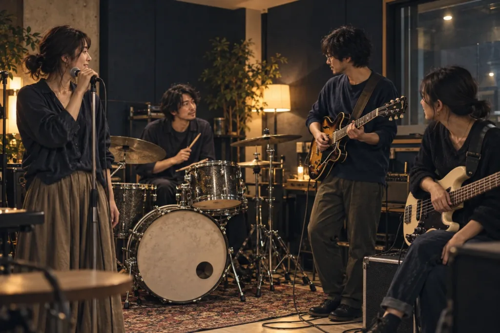 リハーサル室で互いの音を聴く四人のバンドの制作イメージ